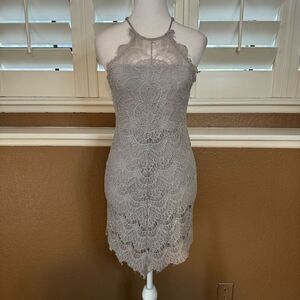 Free People XS She's Got It High Neck Scallop Lace Mini Dress Gray Date Party